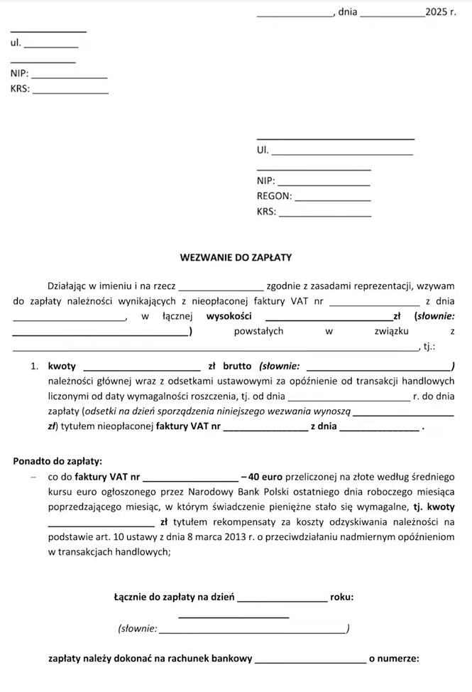 windykacja miękka – wezwanie do zapłaty wzór